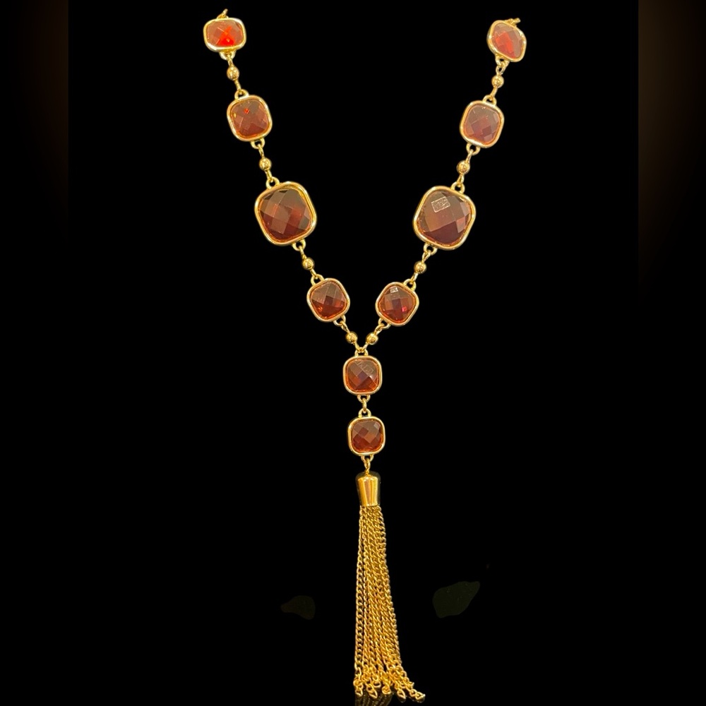 Vintage BR Banana Republic Gold Red Glass Bead Tassel Pendant Necklace